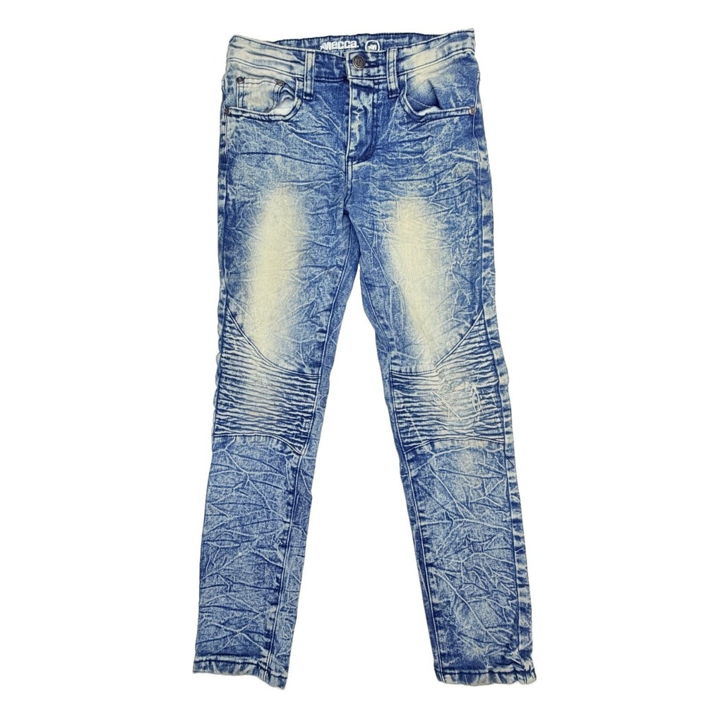 Mecca Stretch Fit Moto Jeans Youth Boys Size 10 Blue Acid Wash Distressed